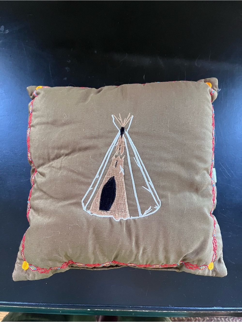 Embroidered Teepee Accent Pillow - Olive Brown